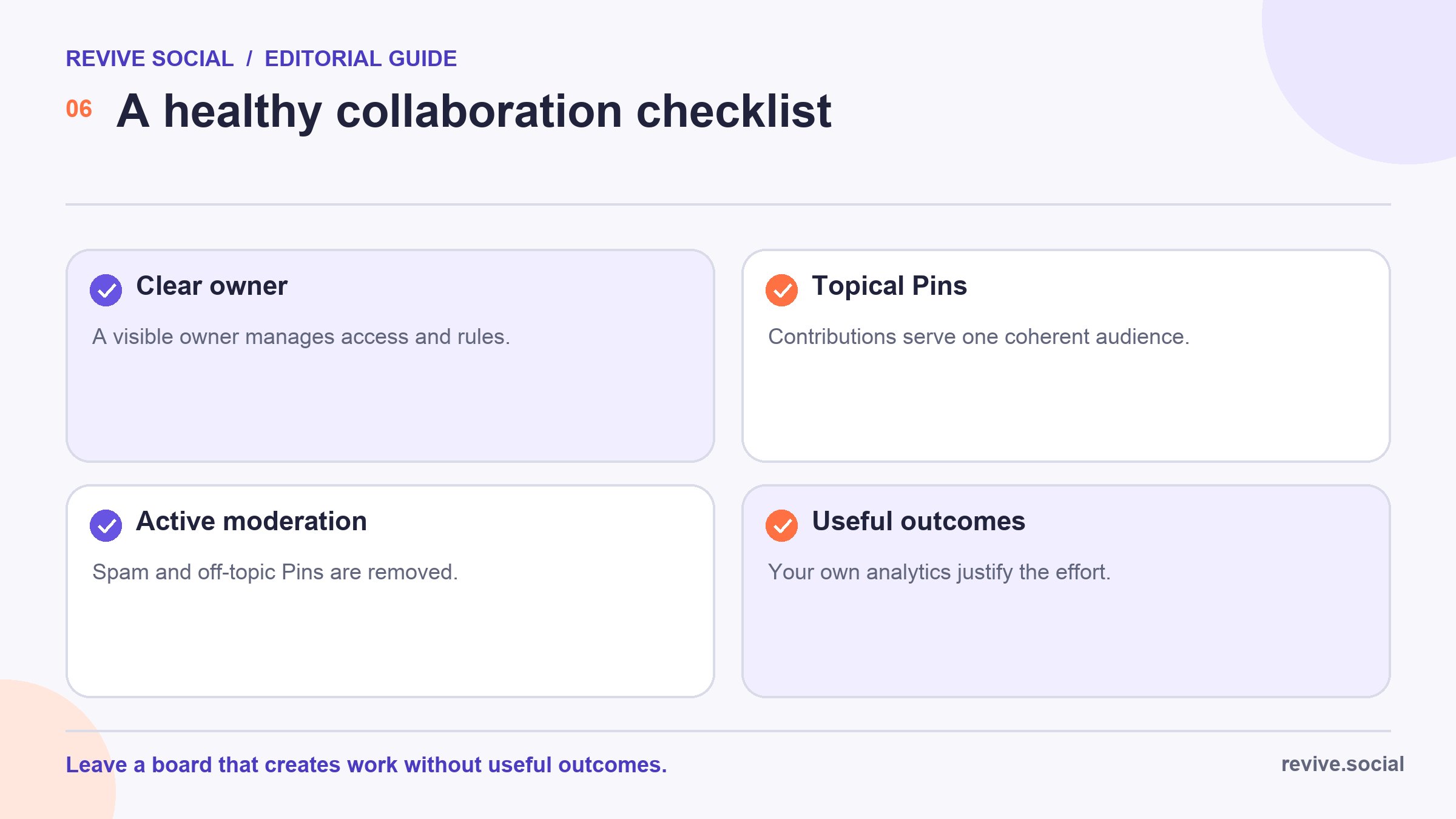Checklist for healthy Pinterest group board ownership, topical Pins, moderation, and measurable outcomes